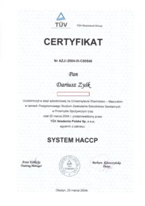 Certyfikat Systemu HACCP